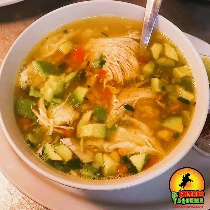 bowl of caldo de pollo served at taqueria el charro