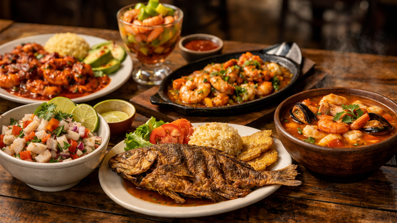 Latin American seafood dishes including ceviche, fried whole fish, shrimp, and seafood soup served on a rustic table