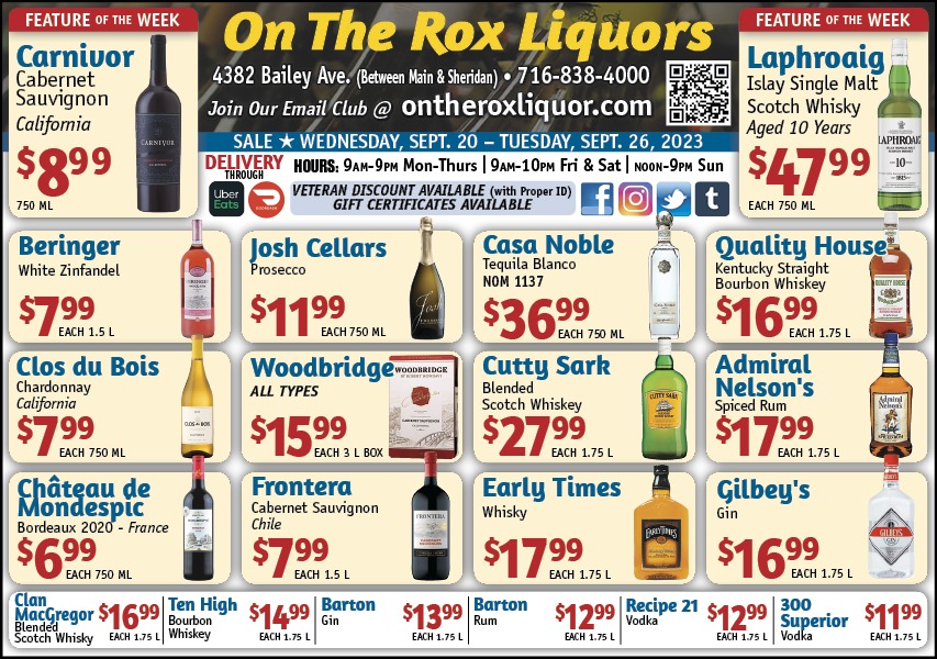 Weekly Sales Ad for On The Rox Liquors in Amherst New York