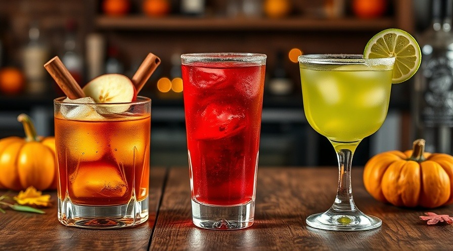 Apple cider bourbon, cranberry vodka and green margarita Halloween cocktails