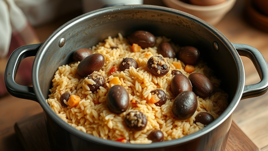 Puerto Rican arroz con gandules with pigeon peas served in a cooking pot