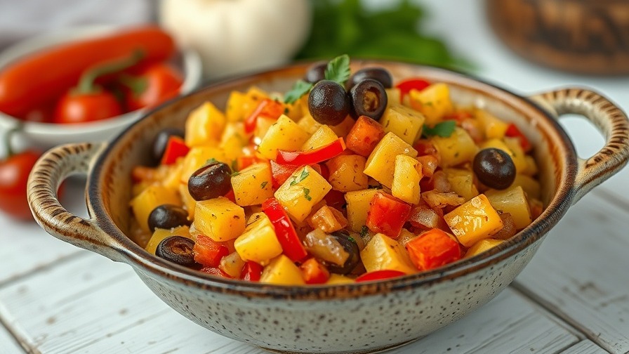 Puerto Rican yuca en escabeche with olives, peppers, and onions in a rustic bowl