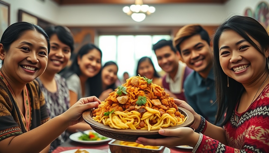 Smiling group holding pachamanca dish indoors, vibrant setting