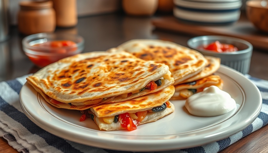 Golden breakfast quesadillas with salsa and sour cream.