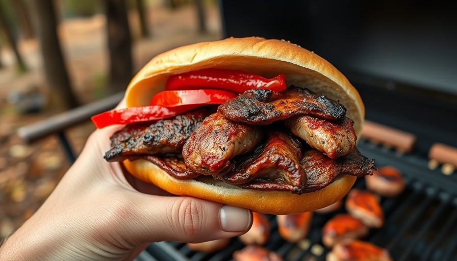 Argentinian BBQ sandwich with grilled meat outdoors.