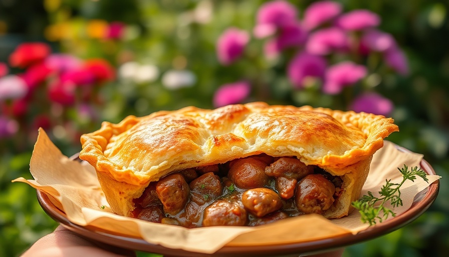 Delicious baked meat pie being served in a garden setting