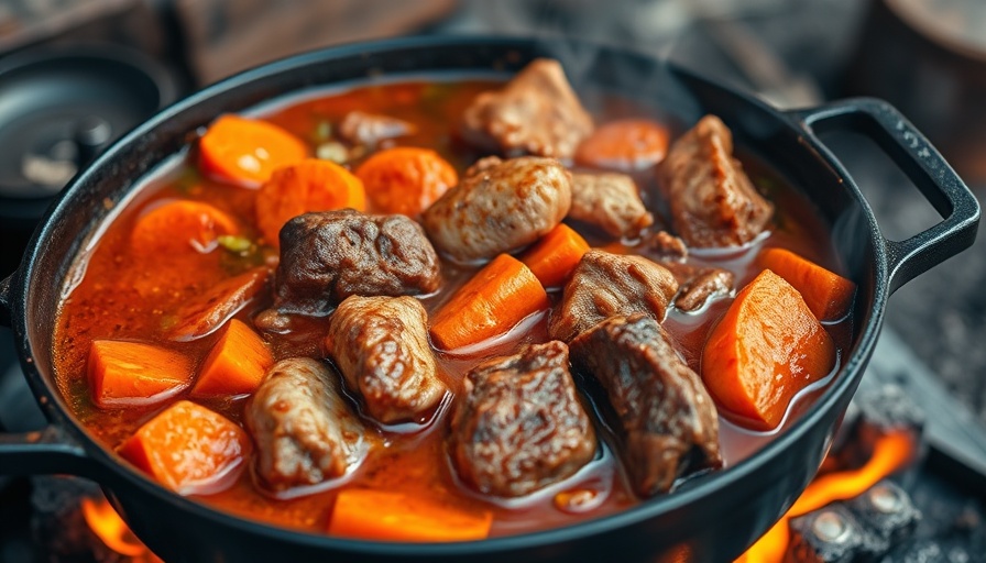 Best estofado simmering over open flame in a cast iron pot.