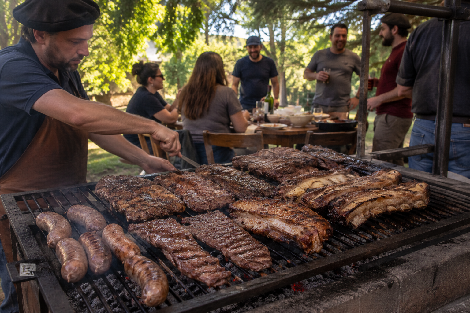 Traditional Argentinian asado on a parrilla grill with beef cuts, ribs, sausages, and family gathered around an outdoor barbecue.