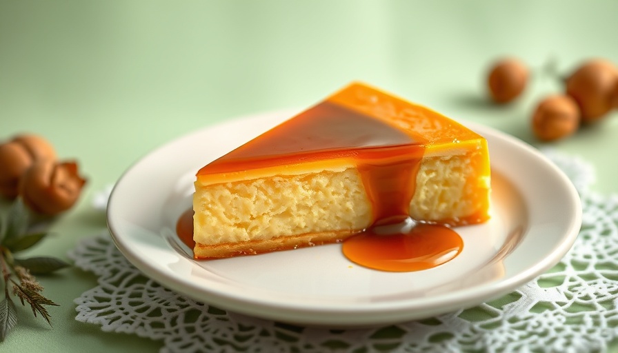 A slice of flan de pan with caramel on a cream plate, green background.