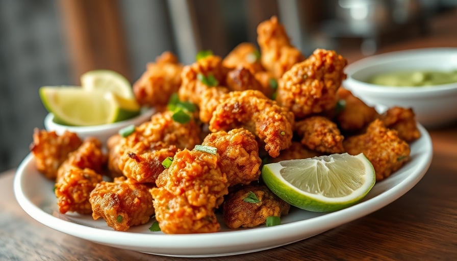 Air fryer chicharrón de cerdo with guacamole on a white plate.
