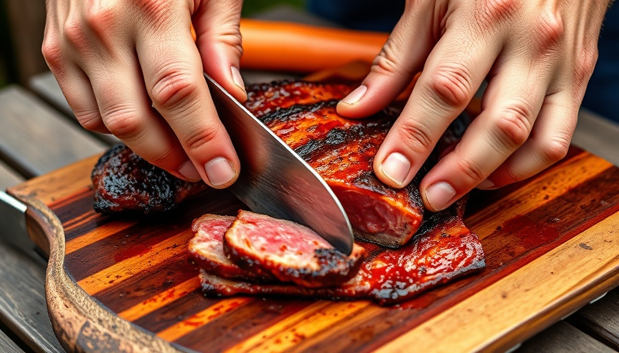 Hands slicing juicy cooked costillar on a wooden board.