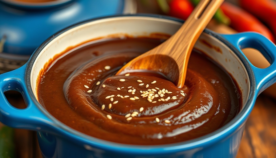 Authentic mole sauce in a pot with sesame seeds.