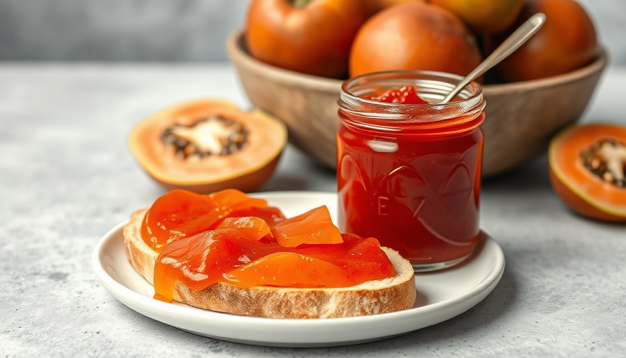 Homemade guava jam in a jar with flatbread and fresh guavas.