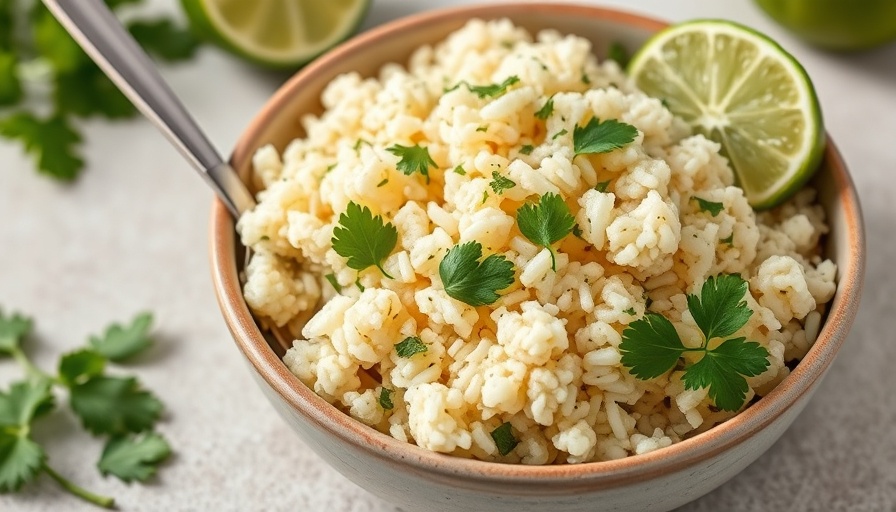 Cilantro lime cauliflower rice with lime wedges and cilantro in a bowl.