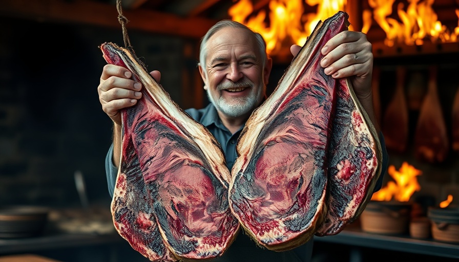 Man presenting aged beef slabs for vaca vieja barbecue