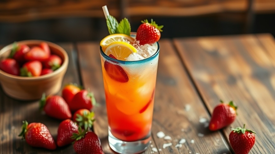 coconut water strawberry vodka cocktail with fresh strawberries, lemon slice, and ice in a glass