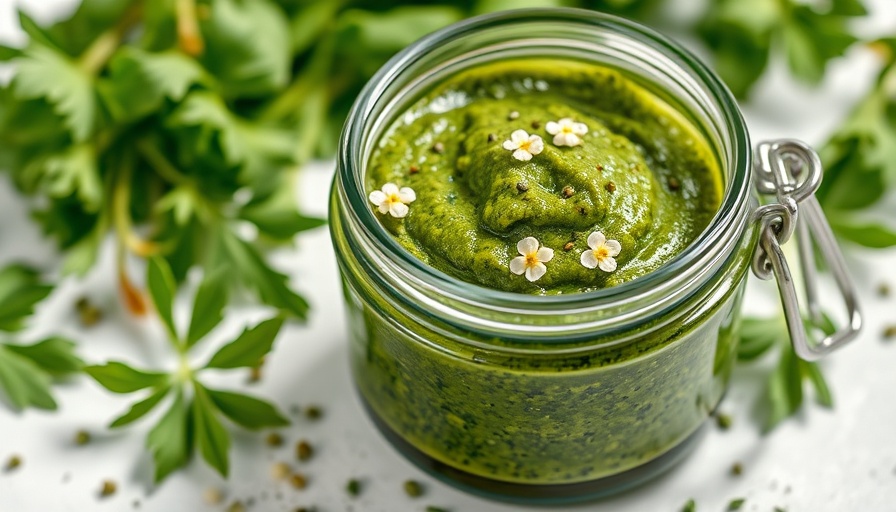 Close-up of green Dominican seasoning in glass jar with herb garnish.