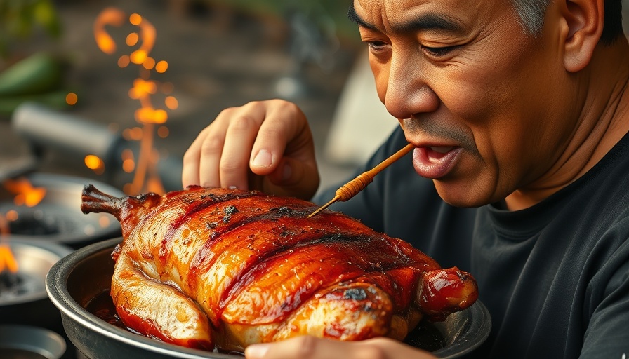 Deliciously aromatic smoked lechon arrollado appreciated by individual near embers.