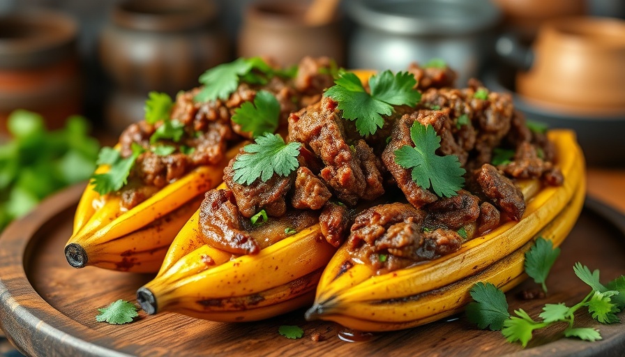 Ripe plantains stuffed with meat topped with cilantro.