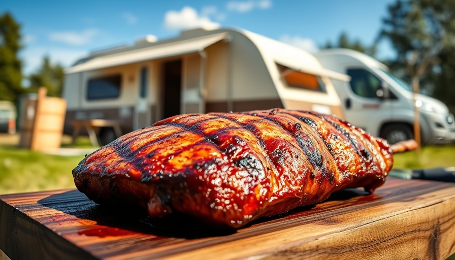 Juicy asado argentino cooking beside a camper van.