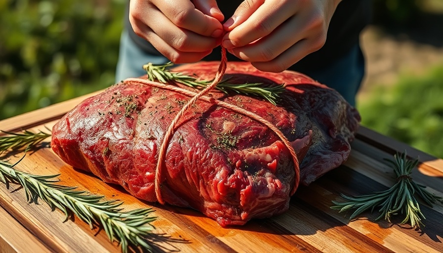 Preparing Argentinian BBQ: Tying beef with rosemary outdoors.