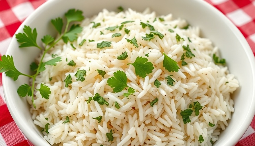 Cilantro rice side dish in a white bowl on checkered cloth.