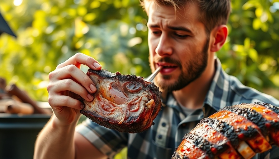 Young man enjoying costillar de cerdo ahumado y adobado outdoors.