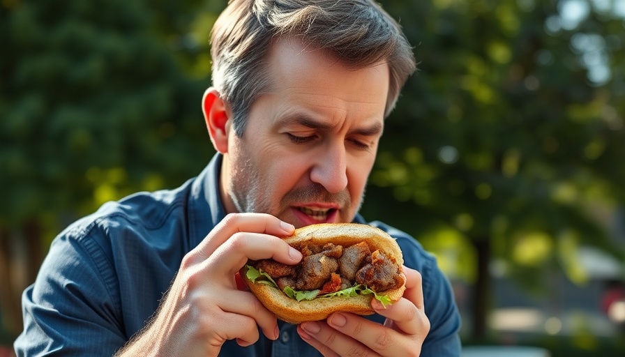 Man enjoying osso buco sandwich outdoors.