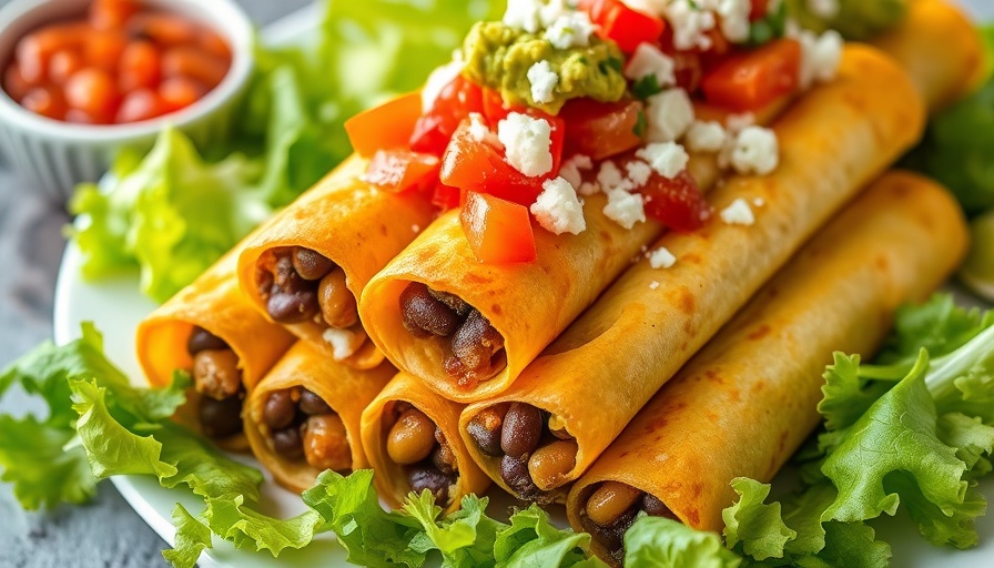 Delicious bean and cheese taquitos with toppings on a plate.