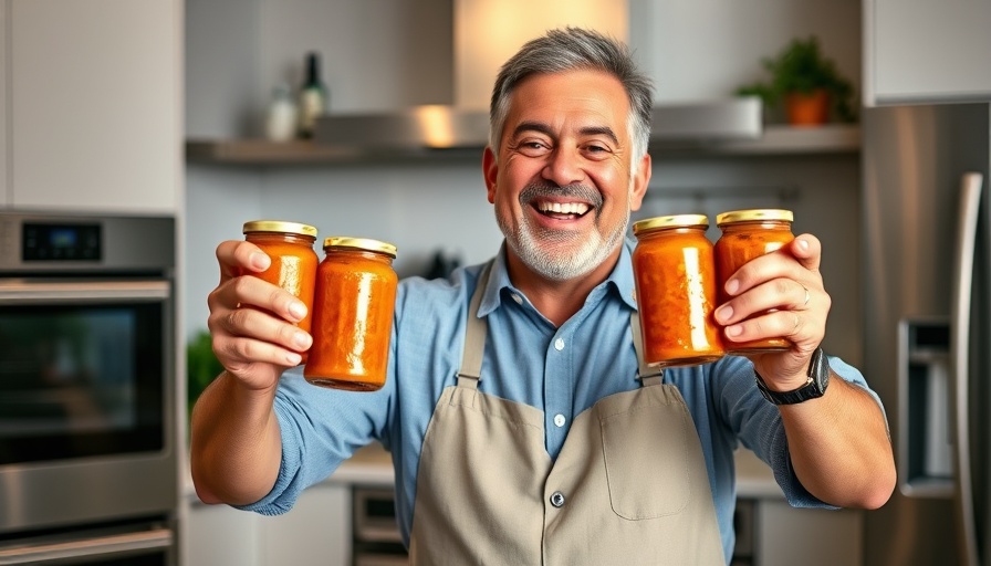 Joyful man in kitchen holding jars of salsa madre for Peruvian cuisine.