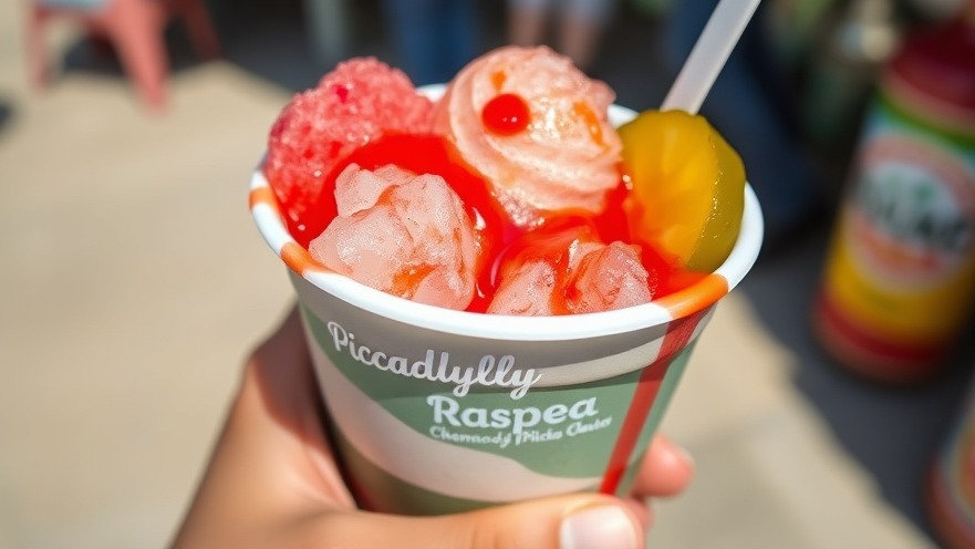 Authentic South Texas treats: piccadilly raspa with cherry syrup, pickle slices.