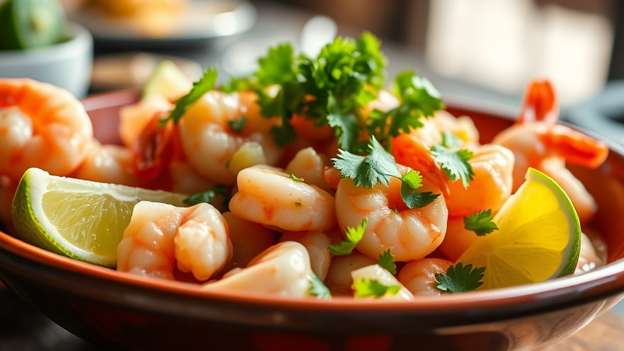 Vibrant ceviche with shrimp, lime, and cilantro in a Latin American restaurant setting