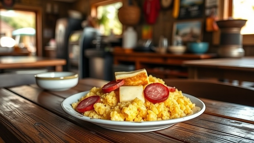 Traditional Dominican mangú breakfast with fried cheese and salami in a warm Caribbean kitchen