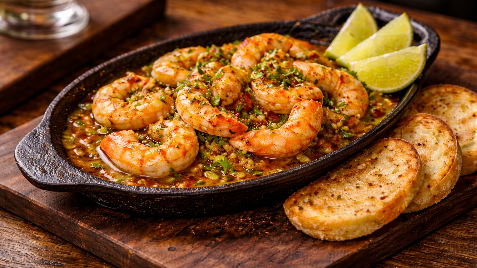 Latin American garlic shrimp dish served in a skillet with herbs and lime