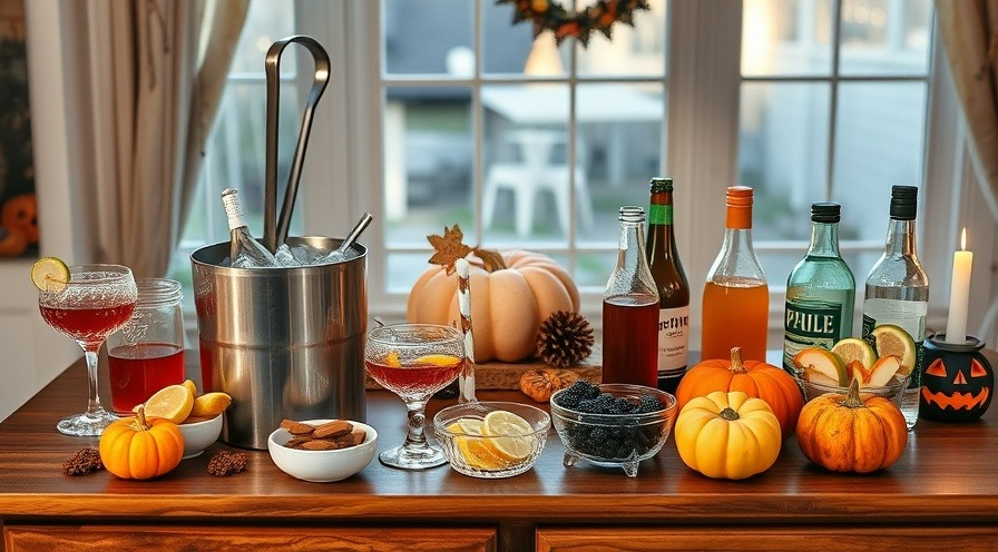 Halloween party drink station with mixers, ice, glassware and autumn garnishes