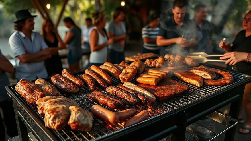 Outdoor asado argentino gathering with parrilla grilling meats like ribs and sausages.
