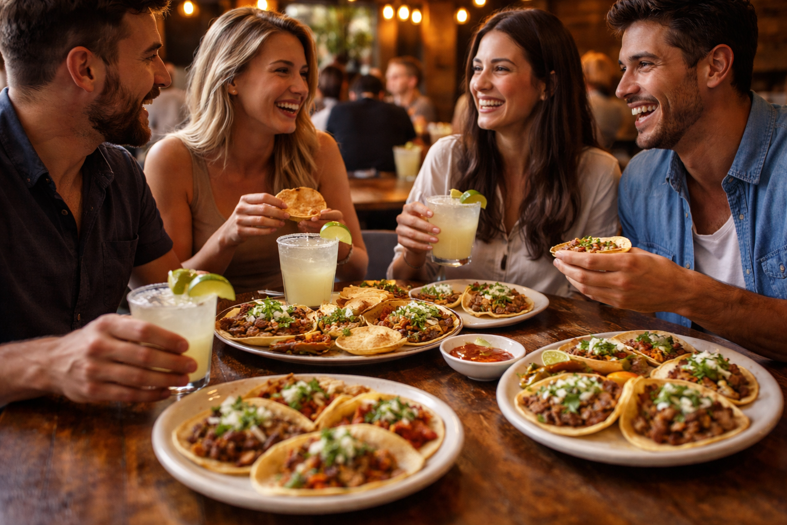 Group of friends sharing tacos and margaritas at a Mexican restaurant in a lively dining setting