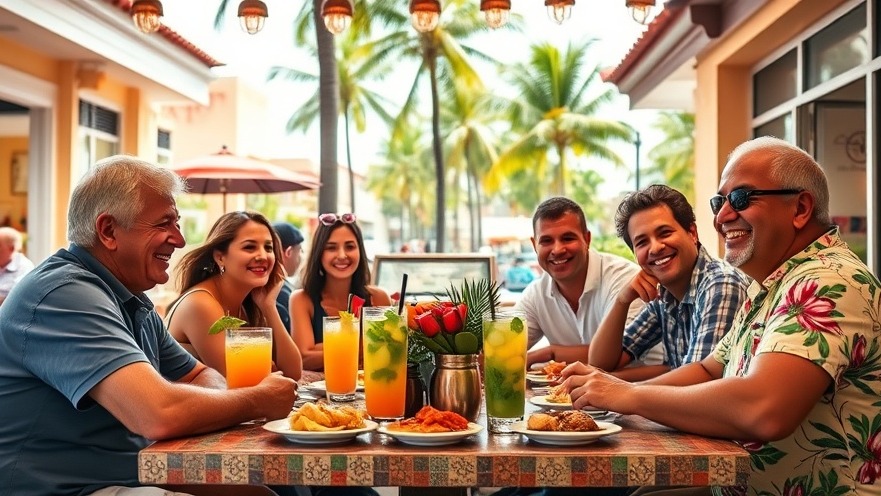 Friends enjoying a Cuban dining experience amid vibrant Miami culture at a café.