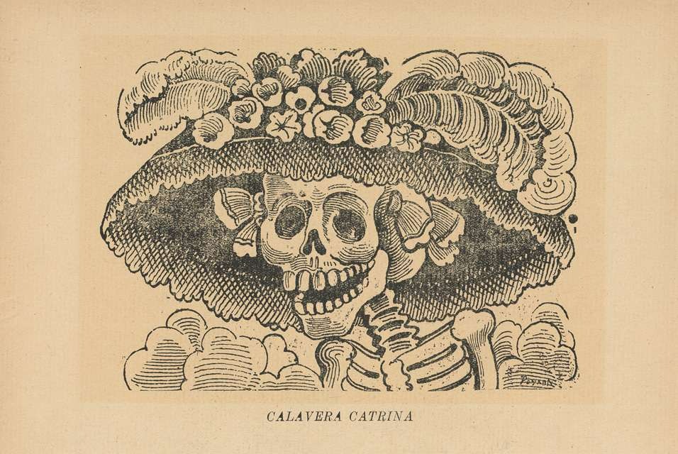 Black-and-white print by José Guadalupe Posada showing a grinning skull beneath a large hat decorated with feathers and flowers.