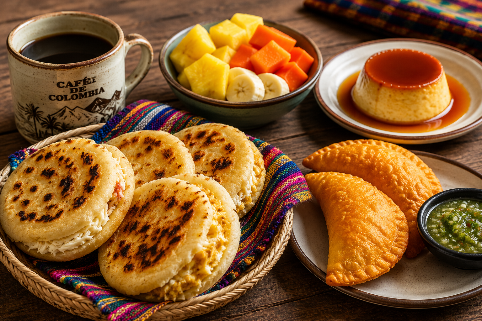 Traditional Colombian brunch featuring arepas, empanadas, tropical fruit, Colombian coffee, and flan served on a rustic wooden table.
