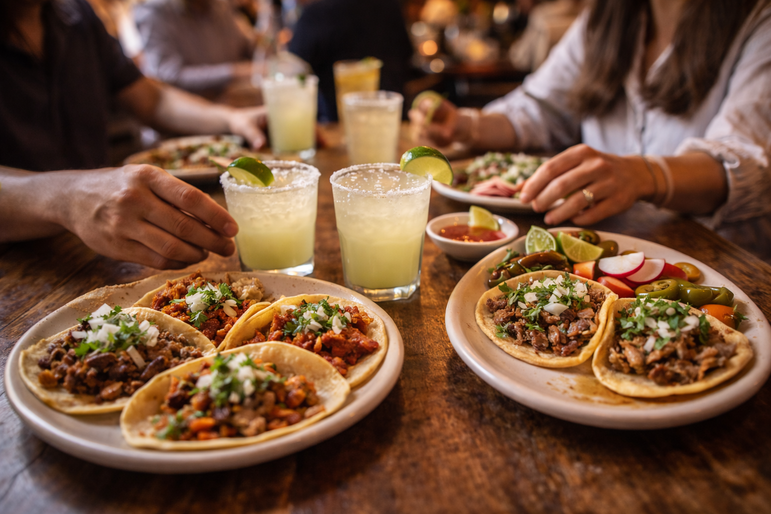 People gathered around a table enjoying tacos and margaritas in a Mexican restaurant during a social dining experience