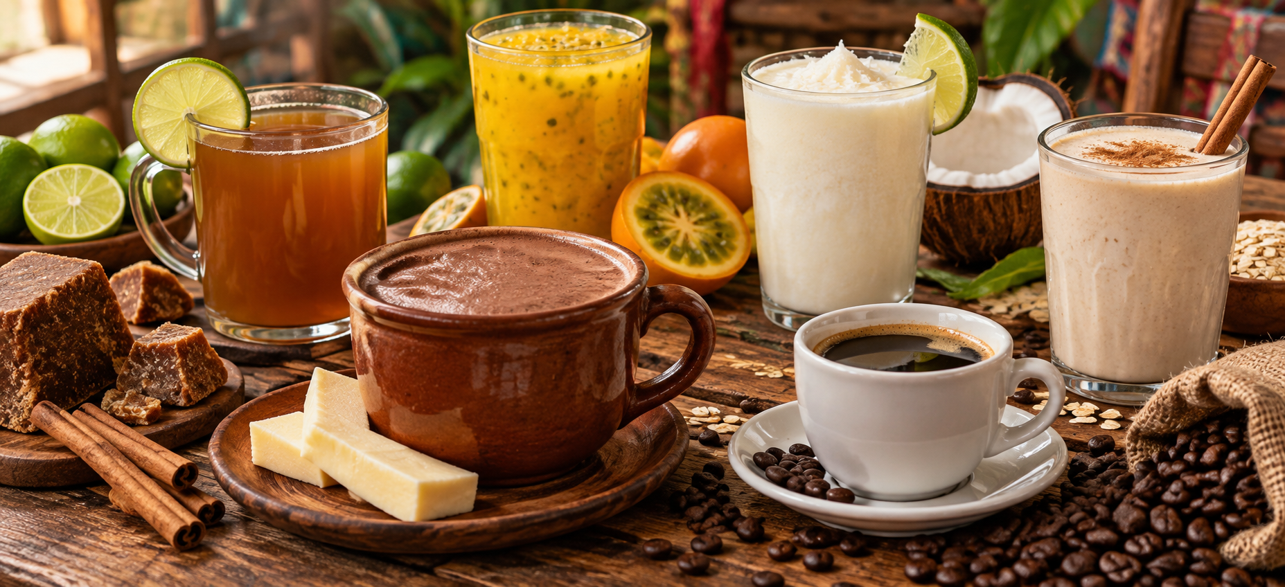 Traditional Colombian drinks including hot chocolate with cheese, coffee, aguapanela, tropical fruit juice, limonada de coco, and avena.