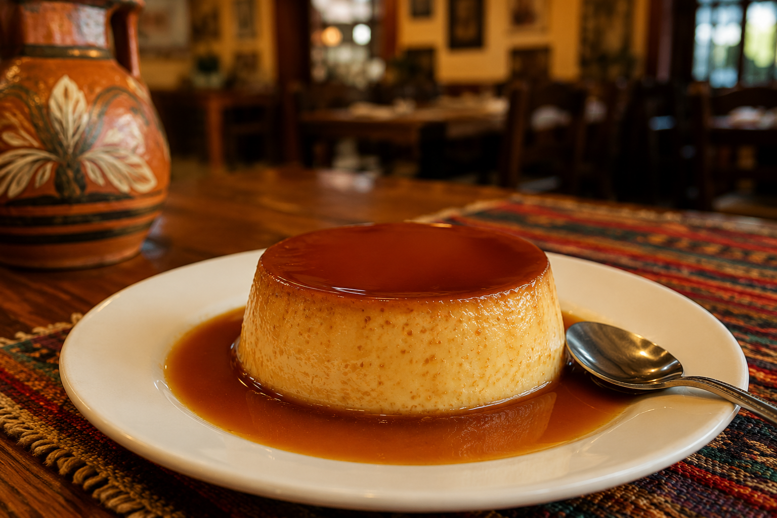Traditional Latin American flan served in a family-owned restaurant, featuring a smooth custard base topped with rich caramel sauce.