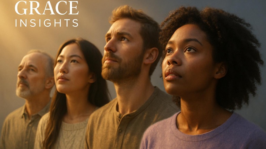 Diverse people reflecting on grace and transformation, inspired by Titus 2:11-15.