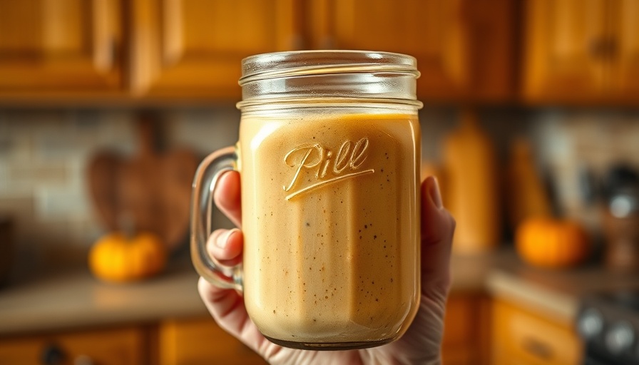 Pumpkin pie spice smoothie in a mason jar in a cozy kitchen setting.