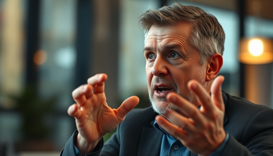 Middle-aged man discussing passionately with expressive gestures.