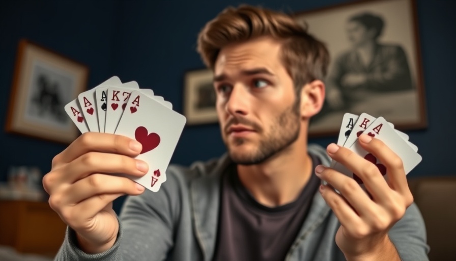 Man contemplating cards, symbolizing investing vs gambling.