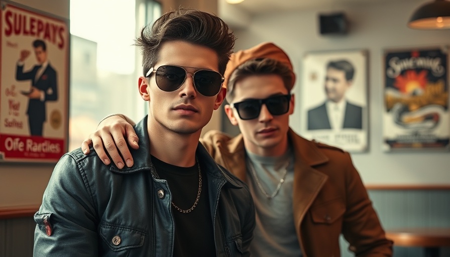 Casual scene with two men in sunglasses at a café.