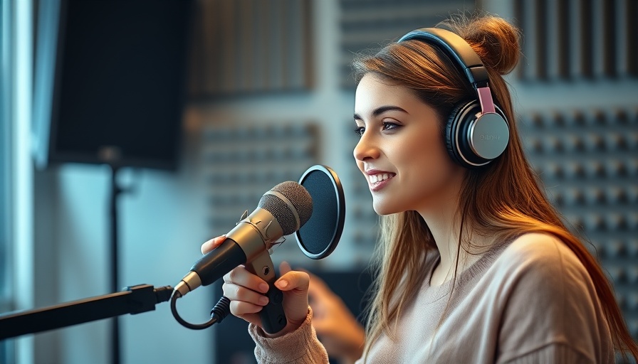 Woman recording podcast in studio discussing smartphone dangers in families.