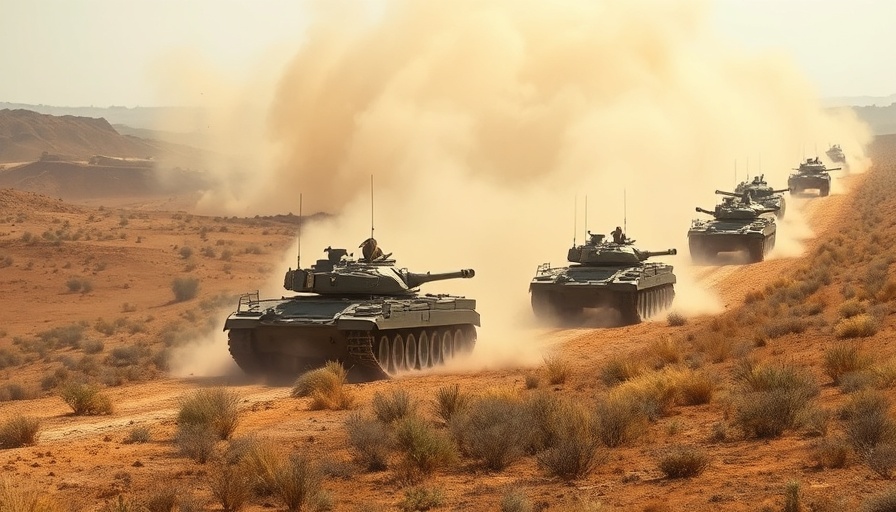 Armored tanks advance in dusty terrain, depicting Israel-Palestine conflict.